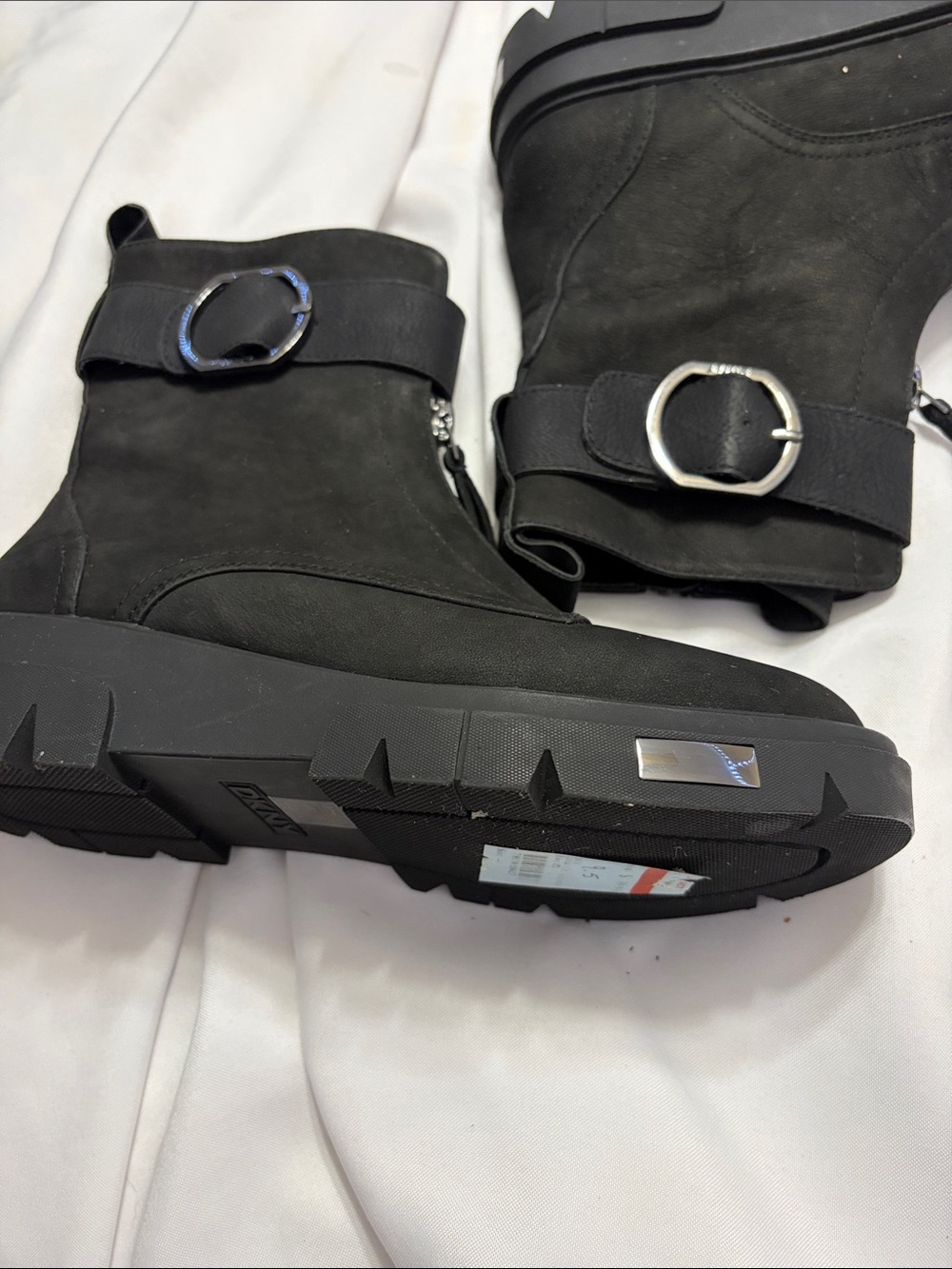 DKNY Black Platform Lug Heel Ankle Boots with Silver Logo Plaques